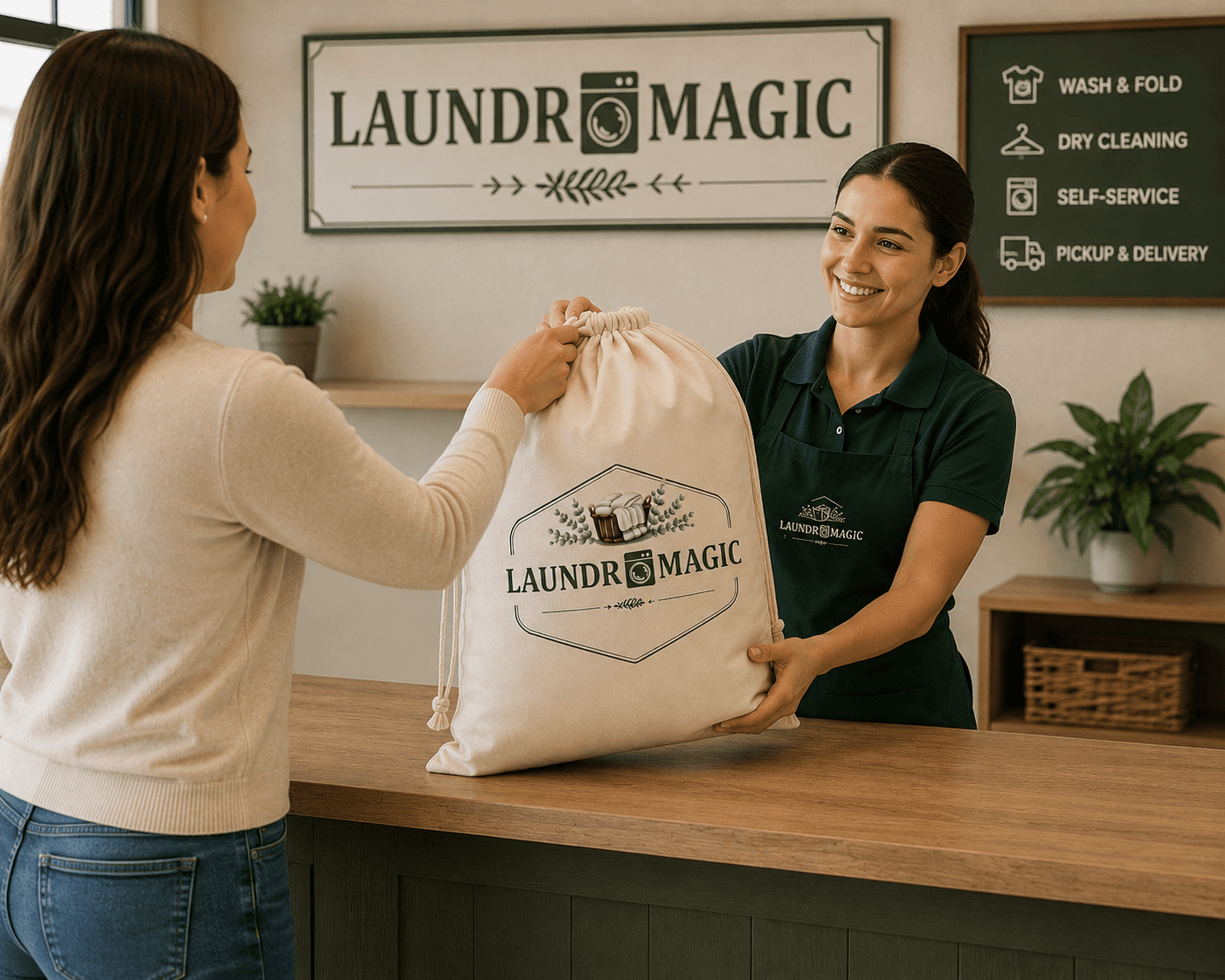 Attendant accepting a laundry drop off