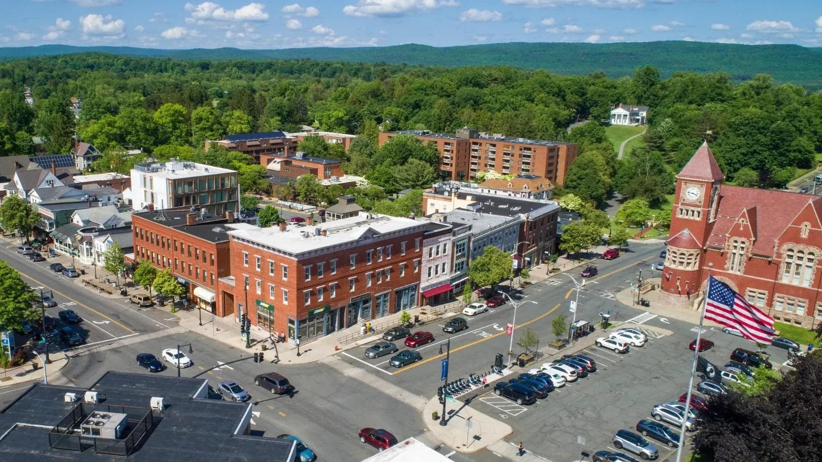 Aerial view of downtown Amherst, MA