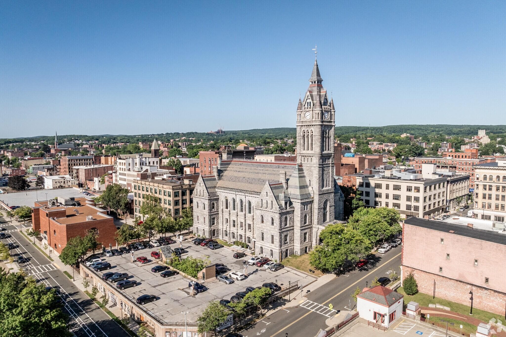 Aerial view of Holyoke City Hall in downtown Holyoke, MA