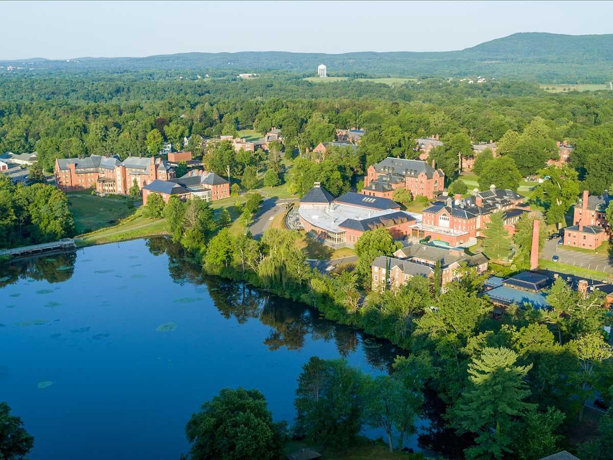 Aerial view of the Mount Holyoke College campus in South Hadley, MA