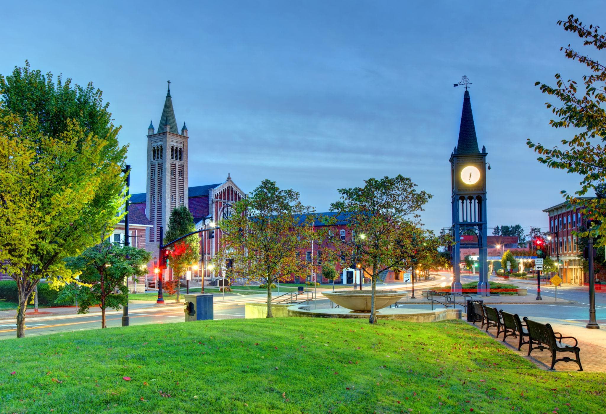 Downtown Westfield, MA at dusk